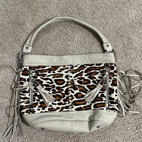 B Makowsky ANDREA Haircalf & Glove Leather Bucket Hobo w/ Fringe ~Stone - Picture 3 of 10